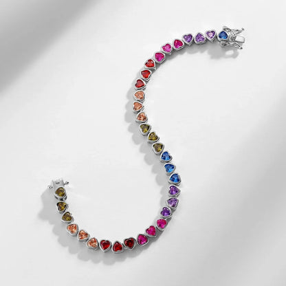 925 Sterling Silver Tennis Bracelet Colorful Rainbow CZ Heart Shaped Zircon Bracelet For Women Fine Jewelry Wholesale