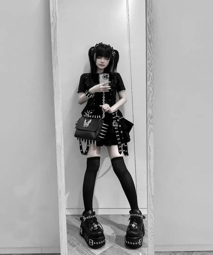 Japanese Style Mine Harajuku Punk Metal Buckle with Packet Decorative Ruffled Short Skirt Sweet Cool Girl Women's Plaid Skirt