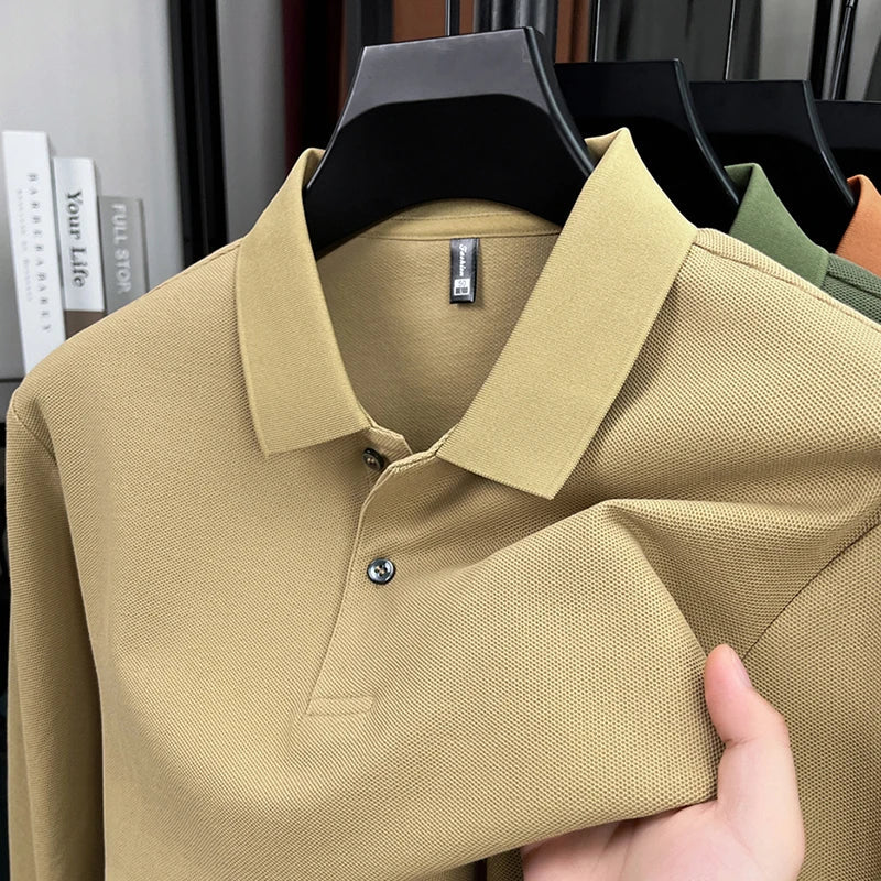 100%pure cotton autumn winter men's high-end designer fashionable long sleeved boutique button casual comfortable polo shirt top