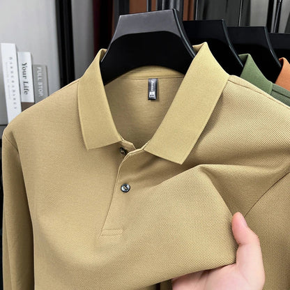 100%pure cotton autumn winter men's high-end designer fashionable long sleeved boutique button casual comfortable polo shirt top