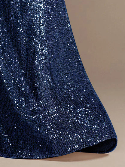 Luxury Blue Floor Length V-Neck Evening Dresses Women Elegant Wedding Party Maxi Sequins Short Sleeves Prom Cocktail Gowns
