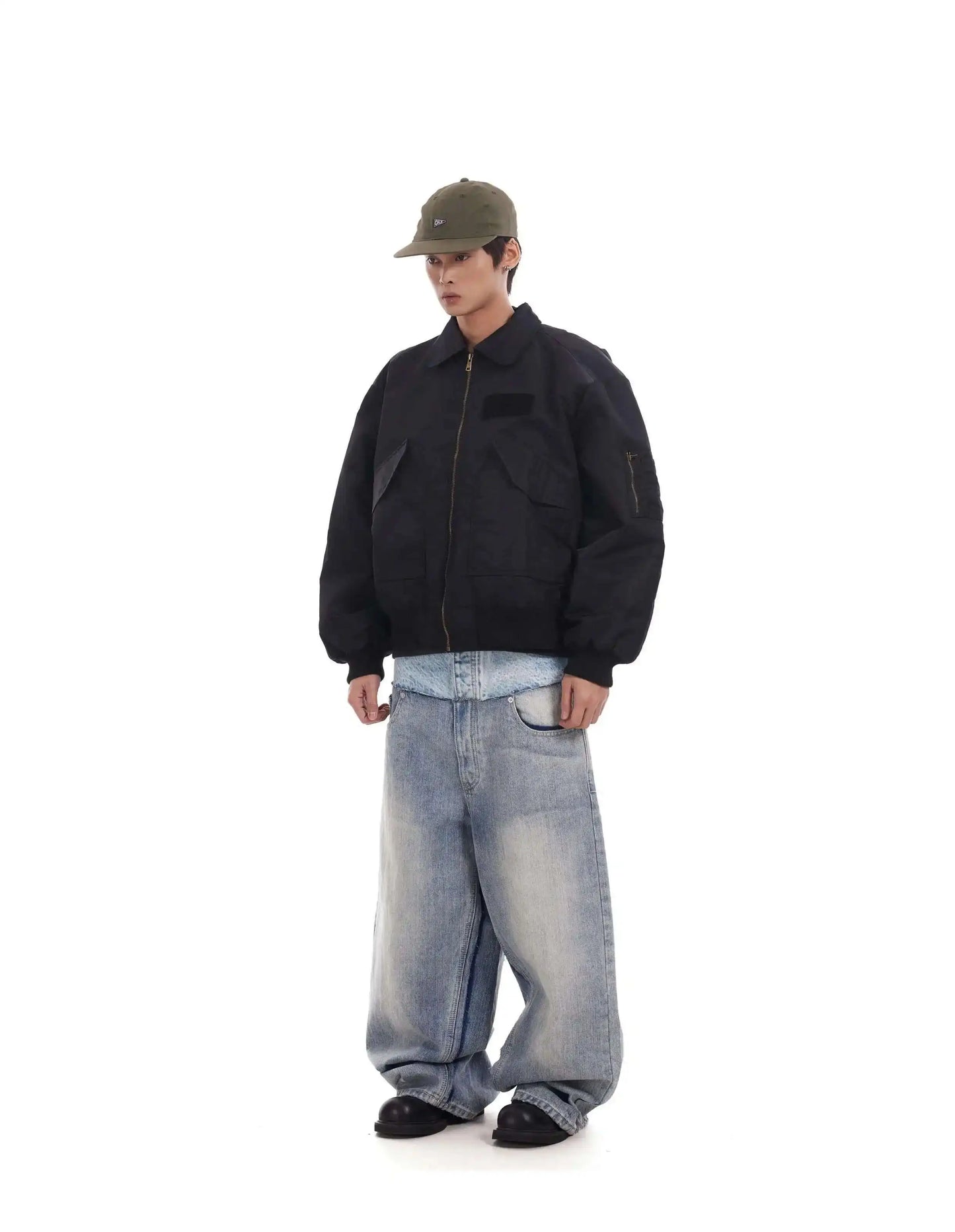 Niche Colorblock Patchwork Wide Leg Blue Jeans Men's Spring 2025 New Straight Double Waist Design Denim Trousers 28W6048