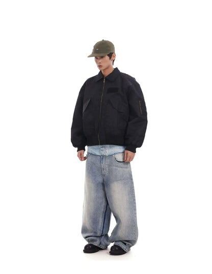 Niche Colorblock Patchwork Wide Leg Blue Jeans Men's Spring 2025 New Straight Double Waist Design Denim Trousers 28W6048
