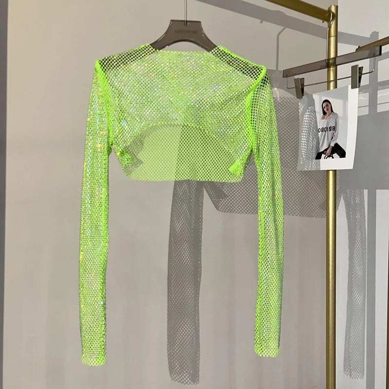 new sexy bright diamond short top Slim thin Ms. hot drill long-sleeved T-shirt sexy leak waist nightclub