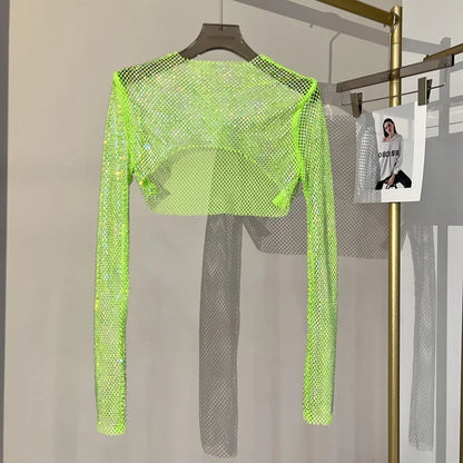 new sexy bright diamond short top Slim thin Ms. hot drill long-sleeved T-shirt sexy leak waist nightclub