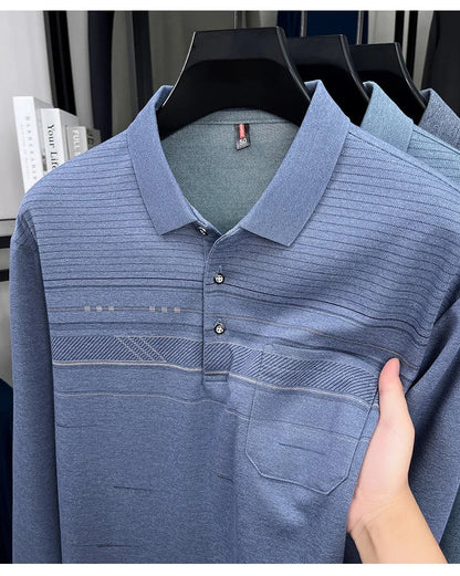 High quality striped printed long sleeve polo shirt men's fashion light luxury pocket autumn new business casual lapel T-shirt