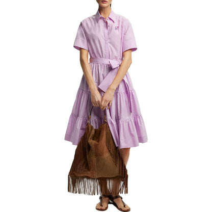 Women Dress Summer Office Lady Elegant Long Sleeve Solid Color Shirt Sundress Casual Loose Buttons Lace Up Dress
