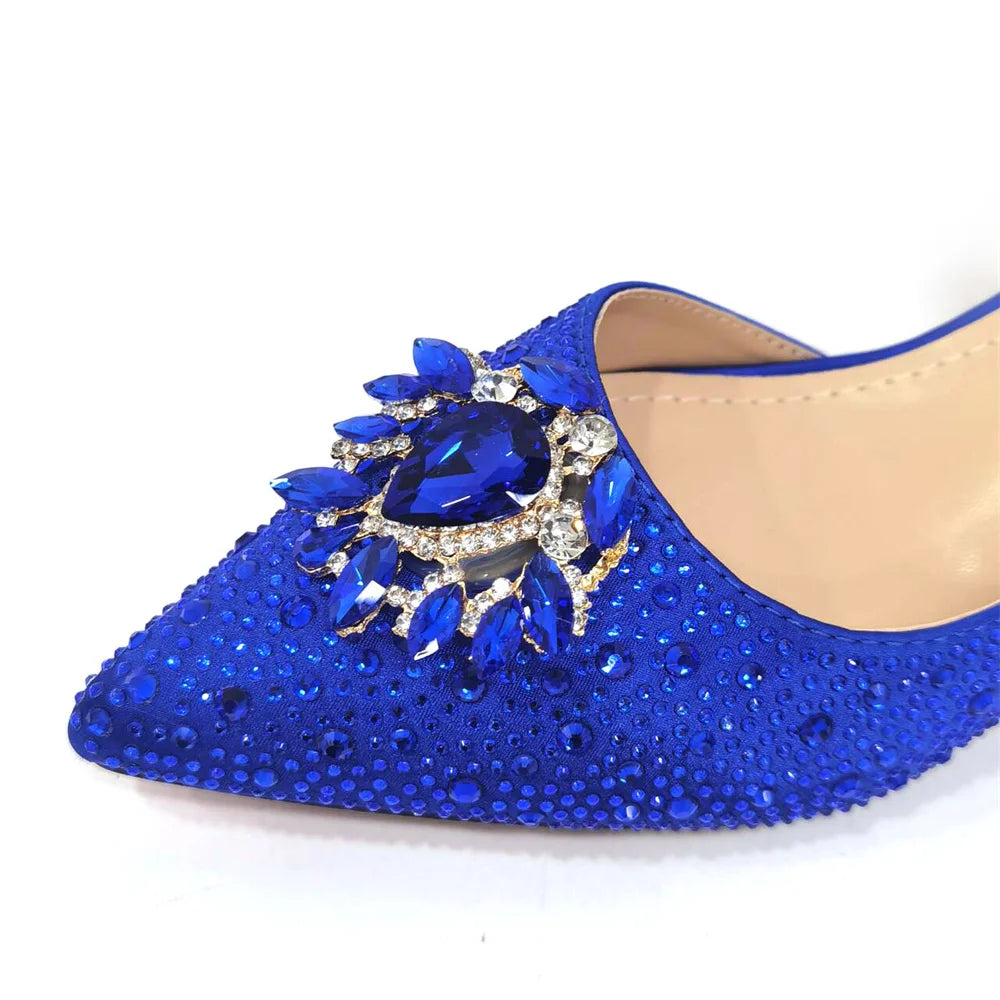 Sandálias Azul Royal Femininas Scarpin de Luxo Salto Médio Design de Strass Sapatos e Bolsas para Festa