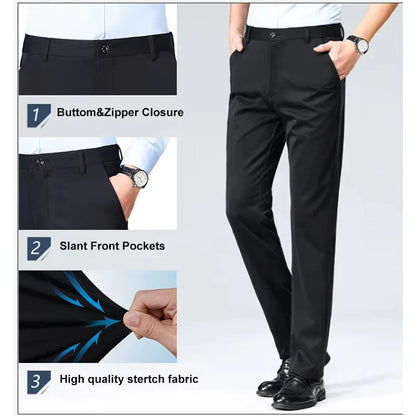 2026 Mens Regular Fit Dress Pants Casual Business Flat Front Trouser Male Wrinkle Free Comfort Stretch Pants