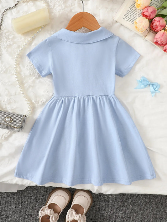 Girls' Short-Sleeved Dress with Floral Embroidery and Lapel Collar, Summer Style Sweet Princess Dress, Fresh Pastoral Style Children's Dress