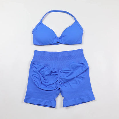 Scrunch Seamless Yoga Set Women Sportswear Ribbed Gym Shorts Strappy Sports Bra 2 Piece Set Halter Workout Clothes Fitness Suit