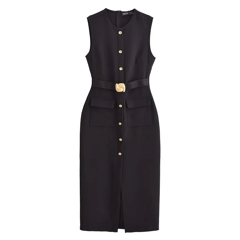Womens Dresses Black Office Long Dresses for Women Spring Sleeveless Midi Dress Woman Belt Button Women's Dress Vest