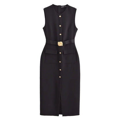 Womens Dresses Black Office Long Dresses for Women Spring Sleeveless Midi Dress Woman Belt Button Women's Dress Vest