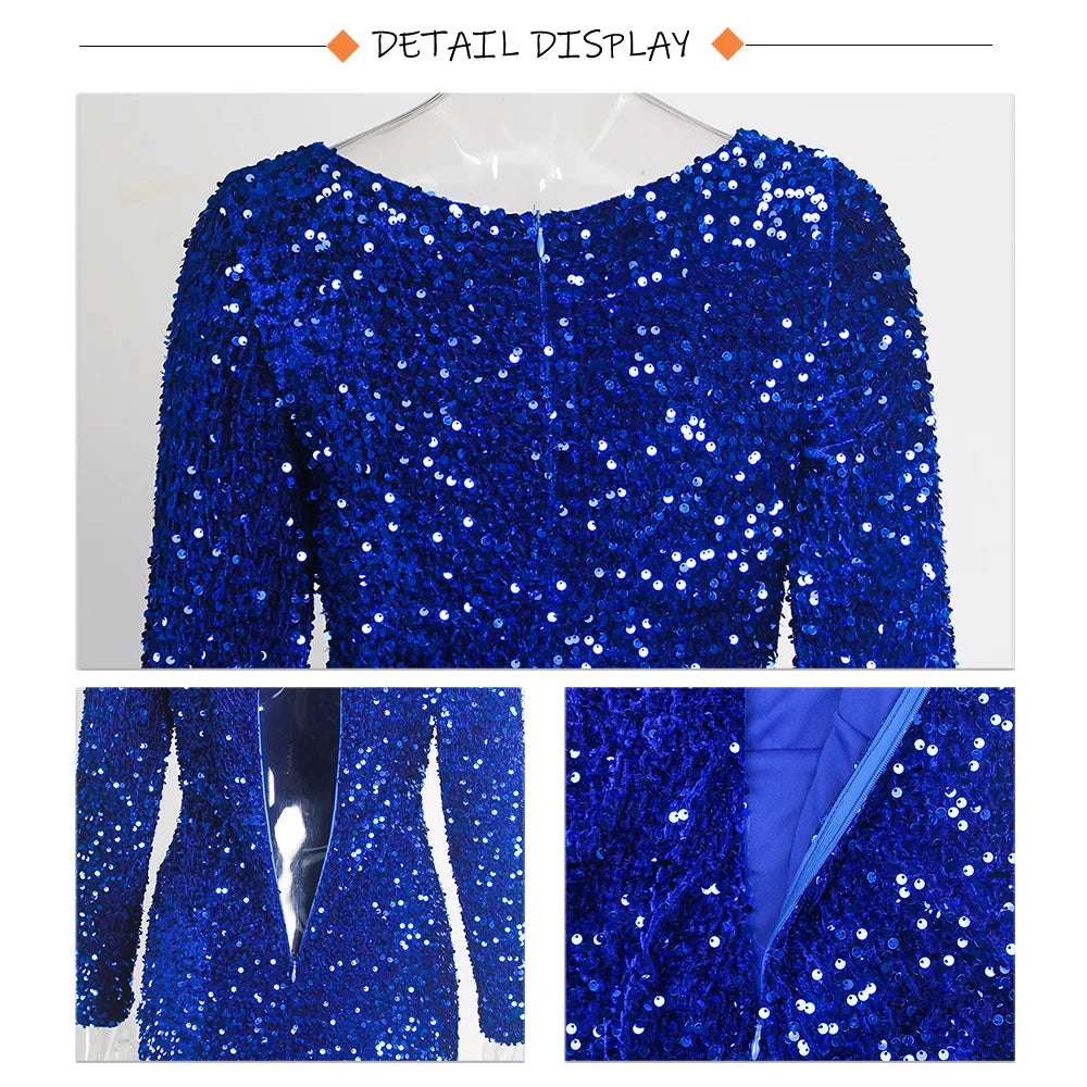 Romagic Women Modest Stretch Sequin O Neck Evening Prom Gown Party Long Dresses Full Sleeved Mermaid Formal Dinner Elegant Dress