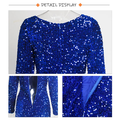 Romagic Women Modest Stretch Sequin O Neck Evening Prom Gown Party Long Dresses Full Sleeved Mermaid Formal Dinner Elegant Dress