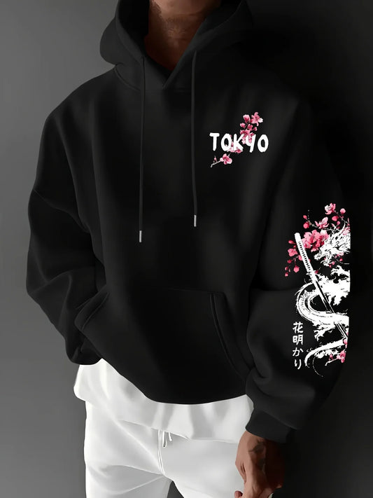 New Men's Anime Dragon Cherry Blossom Printed Hooded Sweatshirt Winter Fleece Warm Casual Street Comfort Inspired Design Hoodie