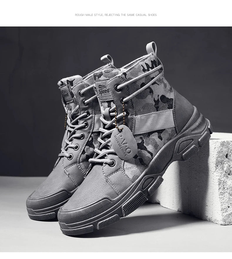 Men's canvas boots autumn winter new plus velvet high-top warm casual boots outdoor boots camouflage tooling boots desert boots