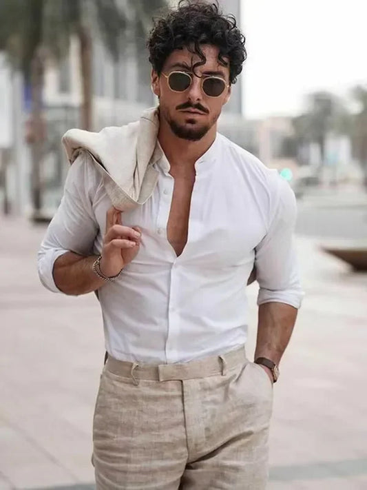 2 Piece Casual Beige Linen Men Suits Single Breasted Slim Fit Notch Lapel Blazer with Pants High Quality Wedding Costume Homme