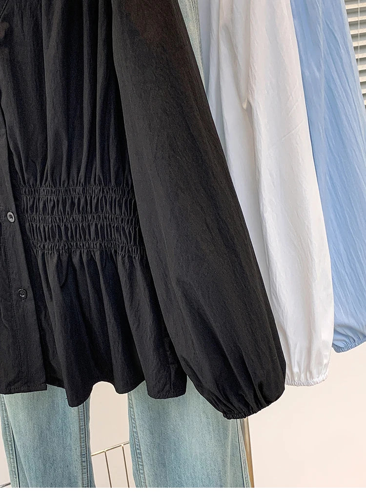 2026 V-neck Long Sleeved Plus Size Shirt Loose Pleated Ruffle Oversized Tops Ladies Chic Elegant Solid Versatile Blouse