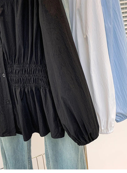 2026 V-neck Long Sleeved Plus Size Shirt Loose Pleated Ruffle Oversized Tops Ladies Chic Elegant Solid Versatile Blouse