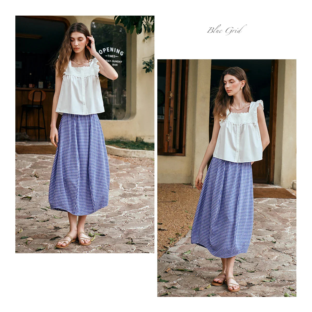 Women's Summer 2026 Midi Elastic Waistband Skirt Elegant Office Ladies Blue Plaid BUD Skirt Female Clothes O57XB99598