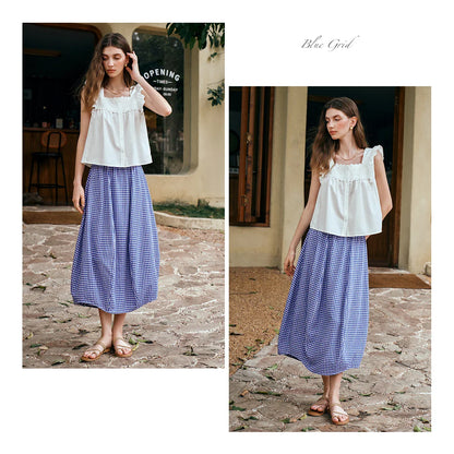 Women's Summer 2026 Midi Elastic Waistband Skirt Elegant Office Ladies Blue Plaid BUD Skirt Female Clothes O57XB99598