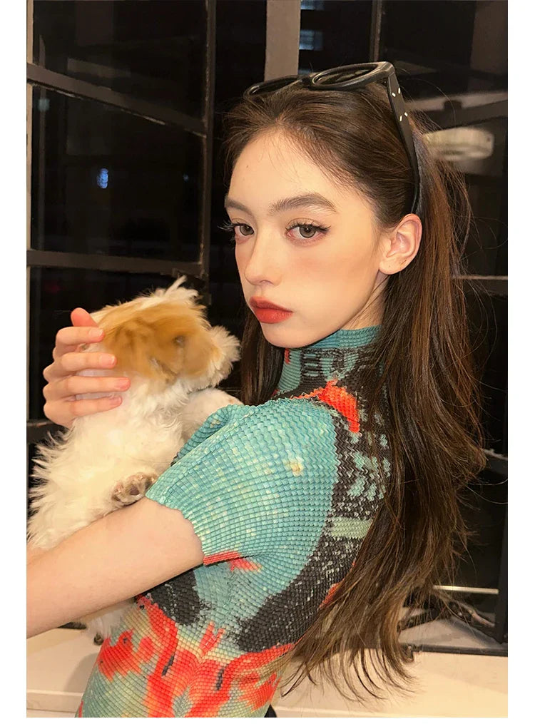 Women Bodycon T-Shirts Short Sleeve Tie Dye Tees Stretch Crop Tops Goblin Core 2000s Coquette Gyaru Aesthetic Kpop Kawaii Summe