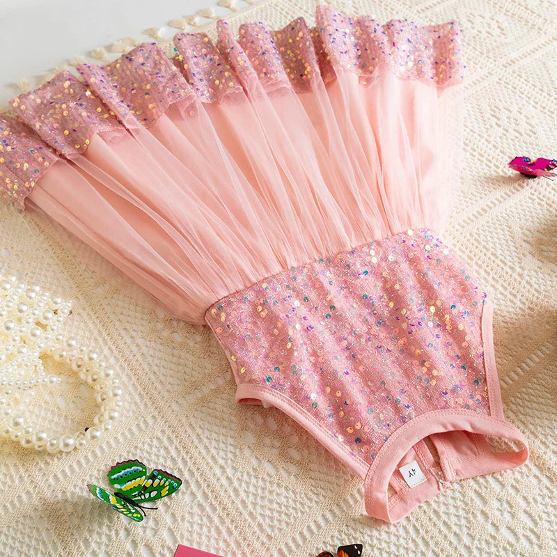 Girl Party Princess Dress Summer Sequin Tulle Dress Elegant Party Red/Pink/White Dresses 3-7Y for Wedding Birthday Holiday Gift