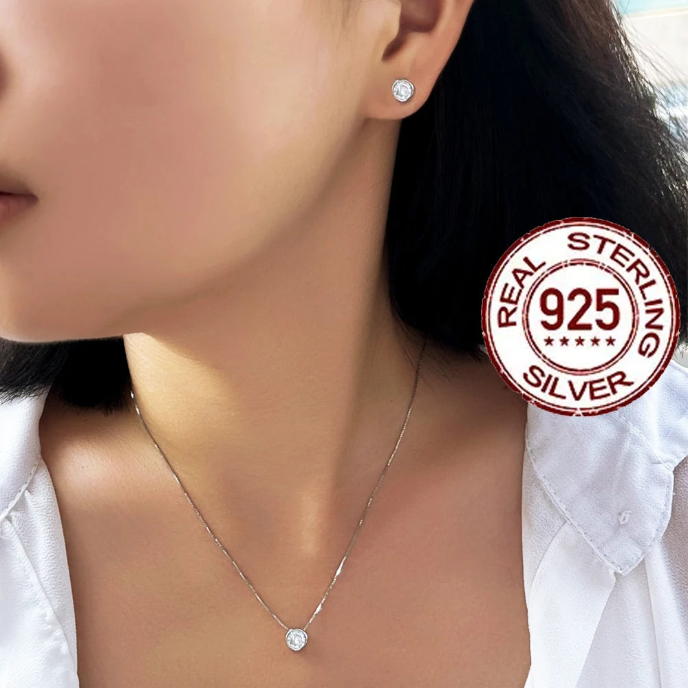 Conjunto de Joias em Prata Esterlina 925 Genuína, Colar Simples com Zircônia Cúbica Redonda Brilhante e Brincos para Mulheres, Casamento ST001