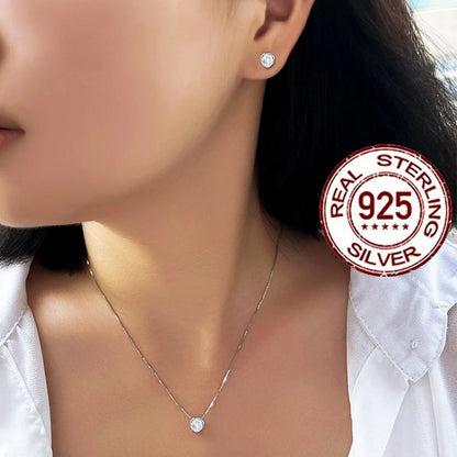 Conjunto de Joias em Prata Esterlina 925 Genuína, Colar Simples com Zircônia Cúbica Redonda Brilhante e Brincos para Mulheres, Casamento ST001