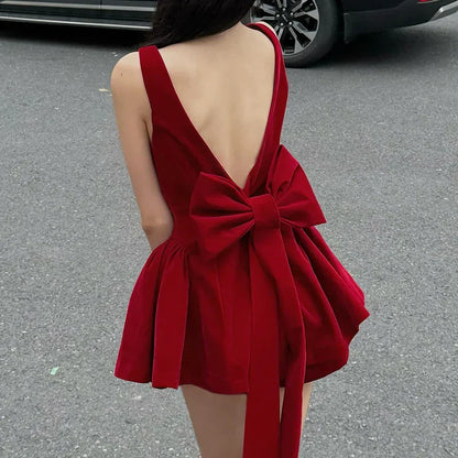 Fashion Red Bowknot Mini Dress Straps Square Collar Sleeveless Backless Vintage Cute Ladies Slim Party Short A-line Dresses