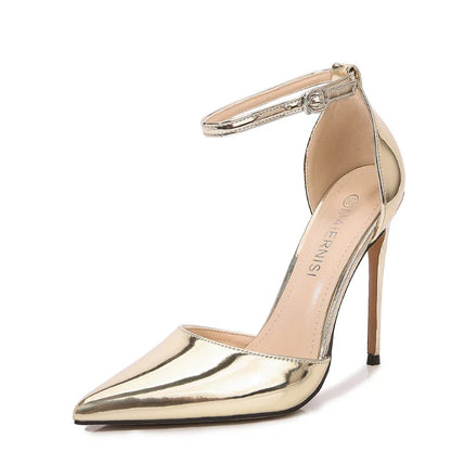 Professional Suit French High Heels One-Liner Strap Pointed Toe Thin Heel Shallow Mouth Hollow Super High Heels Versatile
