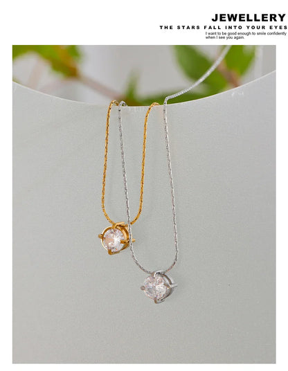 Korean Chic Stainless Steel Shiny Cubic Zirconia Cast Delicate Necklace Pendant for Women Daily Waterproof Basic Jewelry