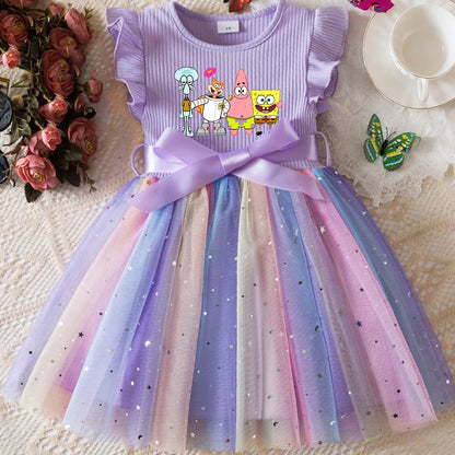 Sweet Girls Flying Sleeves Bow Sequin Dress Kids Baby Girl Birthday Party Fluffy Tutu Princess Dress 1-5Y