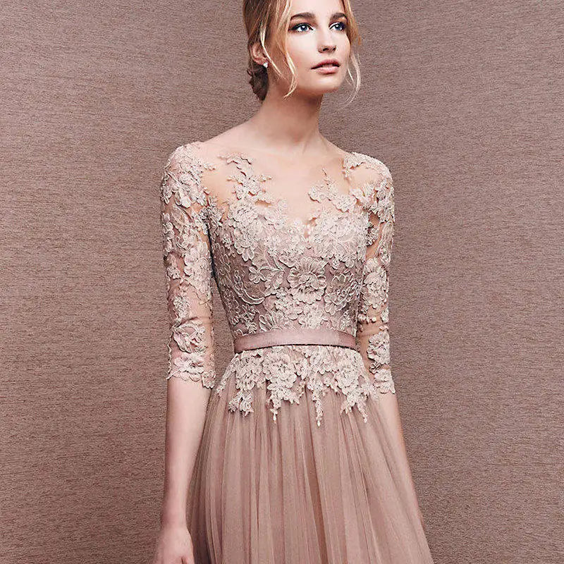 Scoop Neckline Zipper Up Tulle Long Floor-length Dresses Lace Applique Half Sleeve High Split Wedding Evening Party Prom Gowns