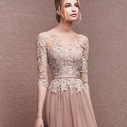 Scoop Neckline Zipper Up Tulle Long Floor-length Dresses Lace Applique Half Sleeve High Split Wedding Evening Party Prom Gowns