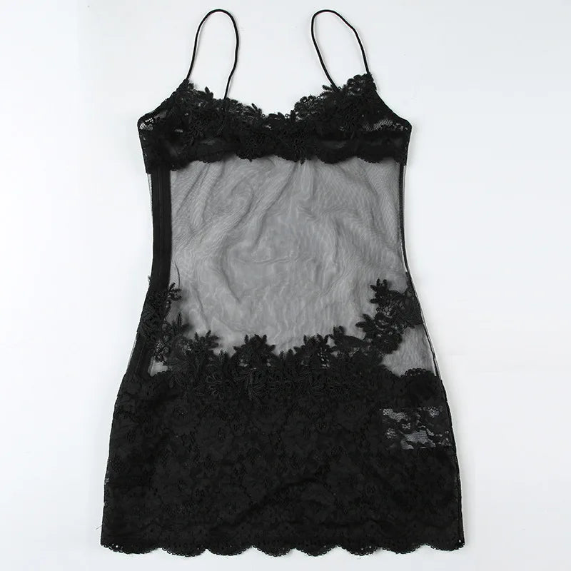Lace Transparent Mini Dress Sexy Women Wrapping Spaghetti Embroidery Flower Sheath Nightwear Club Mesh Wave Fantacy