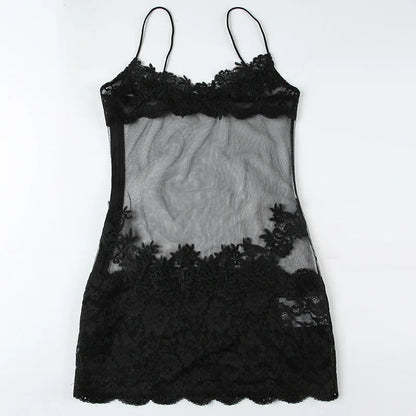 Lace Transparent Mini Dress Sexy Women Wrapping Spaghetti Embroidery Flower Sheath Nightwear Club Mesh Wave Fantacy
