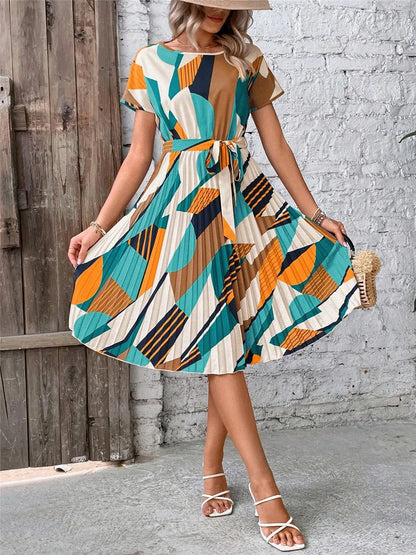 Elegant Print Lace-up Dress Summer Women Round Neck Pleated Medium Long Dress
