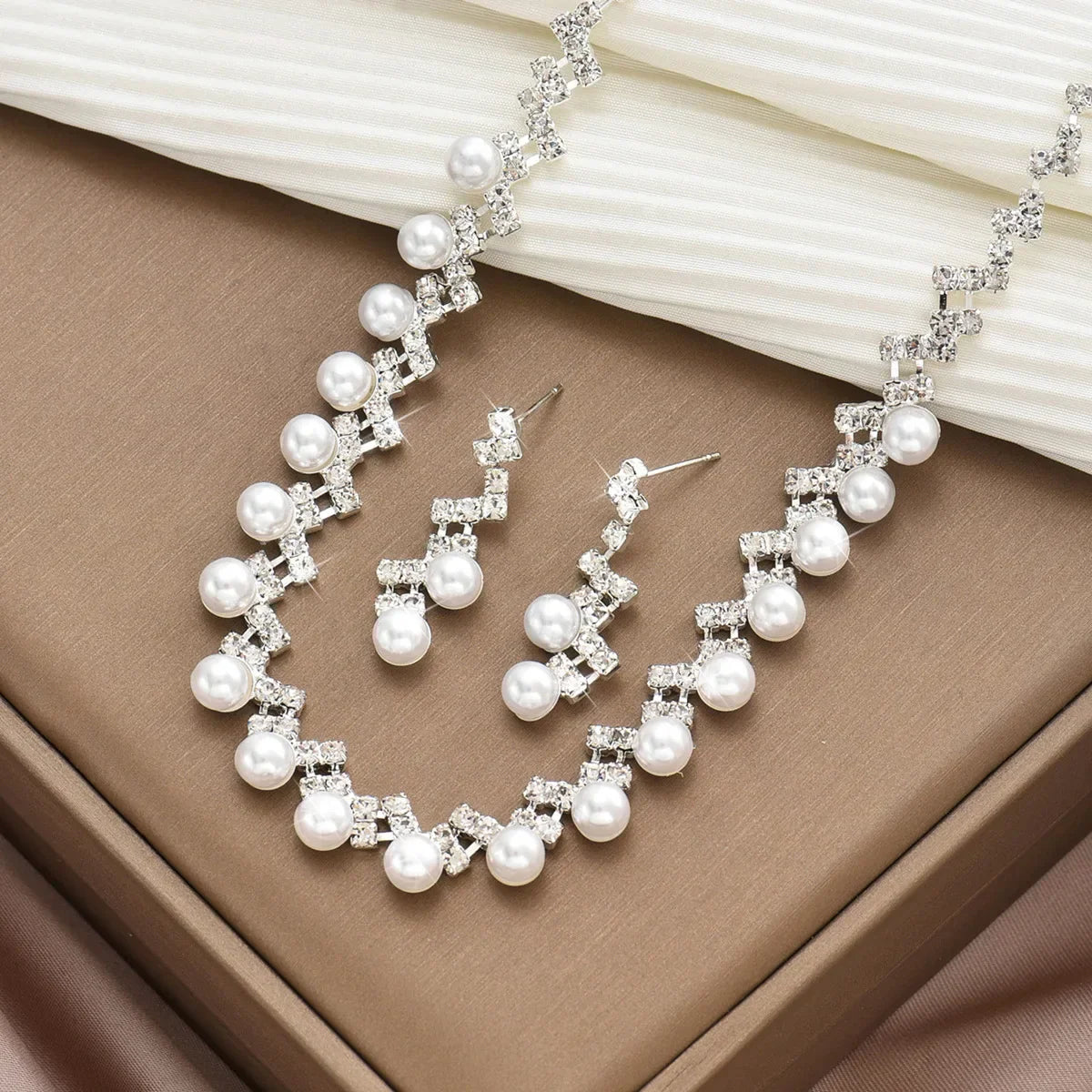 Silver Color Pearl Crystal Bridal Jewelry Sets Wave Shape Choker Necklace Earrings Sets for Women Wedding Jewelry Sets