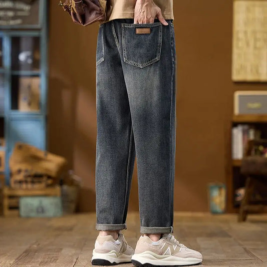 Jeans Denim Straight Pants Men Washed Distressed Mid Waist Pockets 2025 Streetwear Basics Ankle Length Trousers Vintage Denims