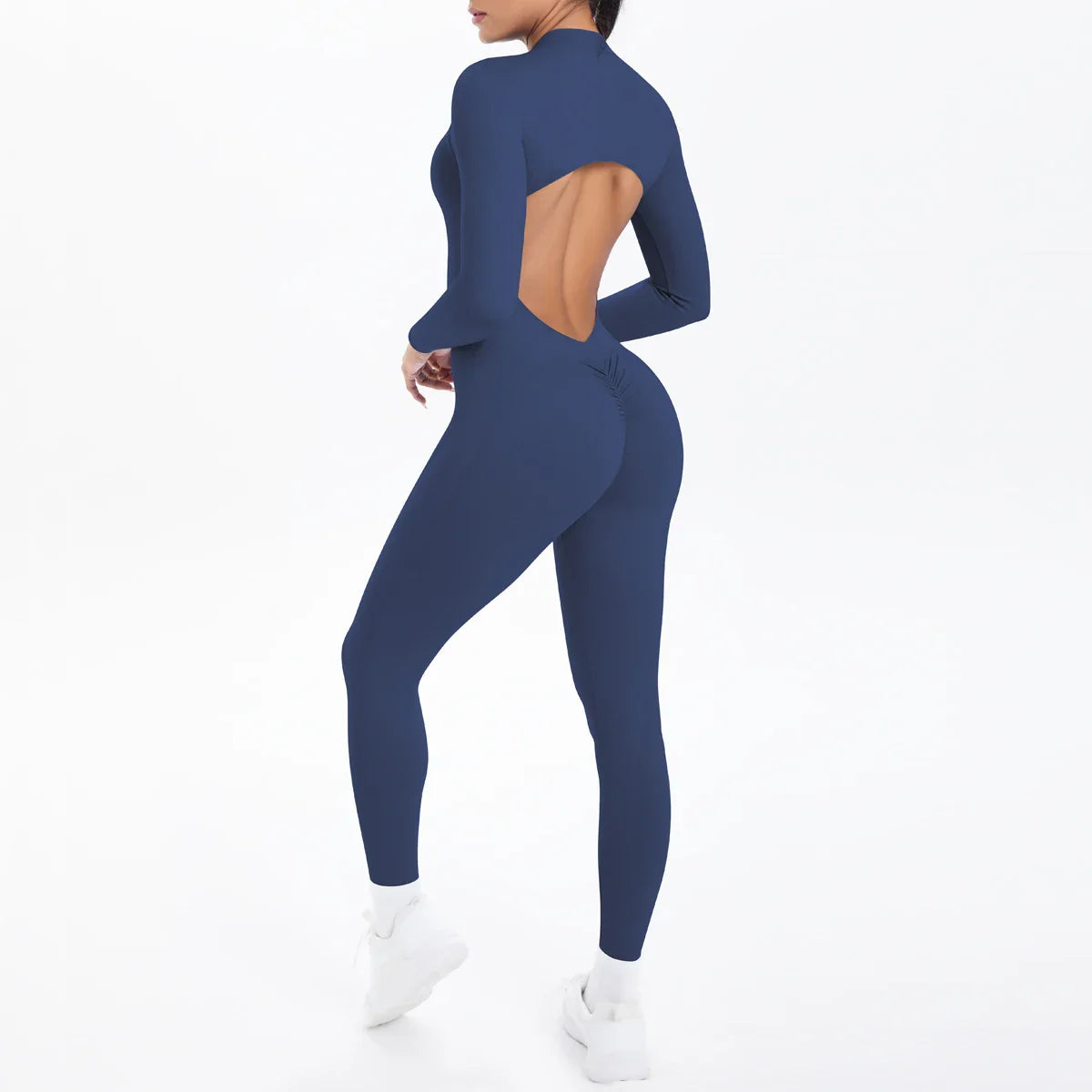 Solid Color Bodysuits for Woman's Backless Long Sleeved Zipper Yoga Jumpsuits High Dtrength Workout Sports Fitness Clothing Set
