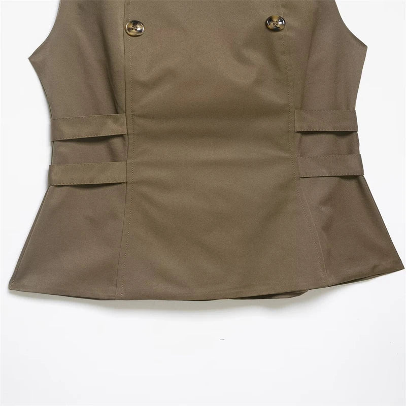 Women's two-tone double-breasted high-neck sleeveless top, waist-cinching slim-fit high-street casual women's vest, 2026 new