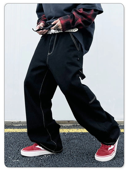 Retro Black Fashion Work Jeans Men Casual Straight-Leg Classic Work Denim Trousers Korean Brand Pant Men's Summer Pants