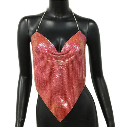 Women Solid Sequined Metal Camis Top 2025 Sexy Halter Backless V Strappy Party Nightclub Vest Cropped Tops