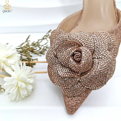 Evening Shoes And Bags Set With Full Diamond Handmade Petal Clutches Pointed Toe Mid-Heel Women Shoes