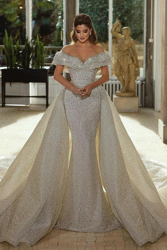 Customzied Mermaid Luxury Wedding Dresses Sweetheart Off The Shoulder  Lace Detachable Train Robe  Vestidos De Novia