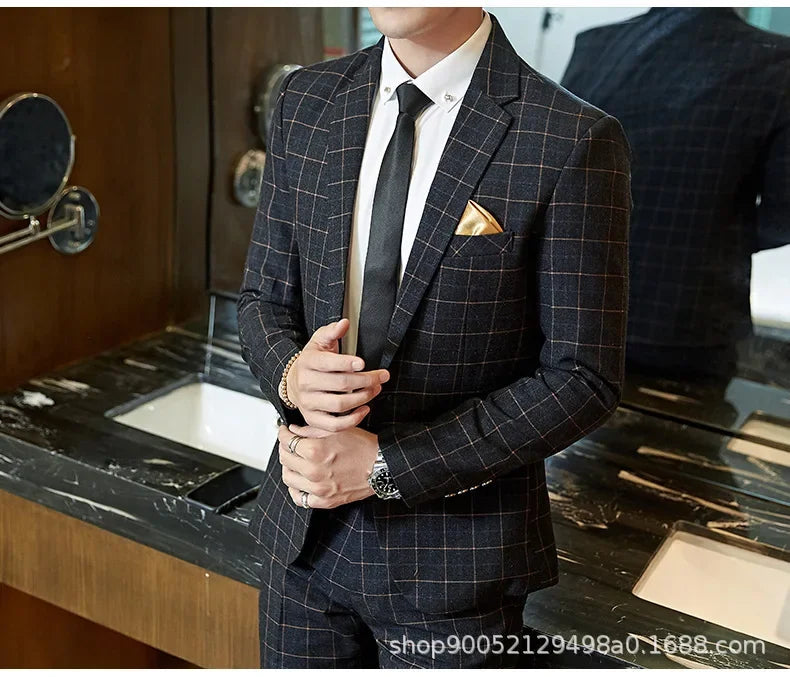 Men's Slim Fit Plaid Wedding Suit Jacket Korean Style Business Casual Single-breasted Suit with Set Wedding Groomsmen Wear