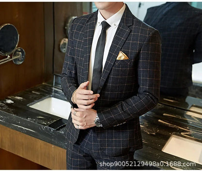 Men's Slim Fit Plaid Wedding Suit Jacket Korean Style Business Casual Single-breasted Suit with Set Wedding Groomsmen Wear