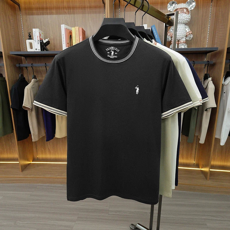 Summer New Cotton Men's Light Luxury Embroidered Versatile Round Neck Loose Short Sleeved Top